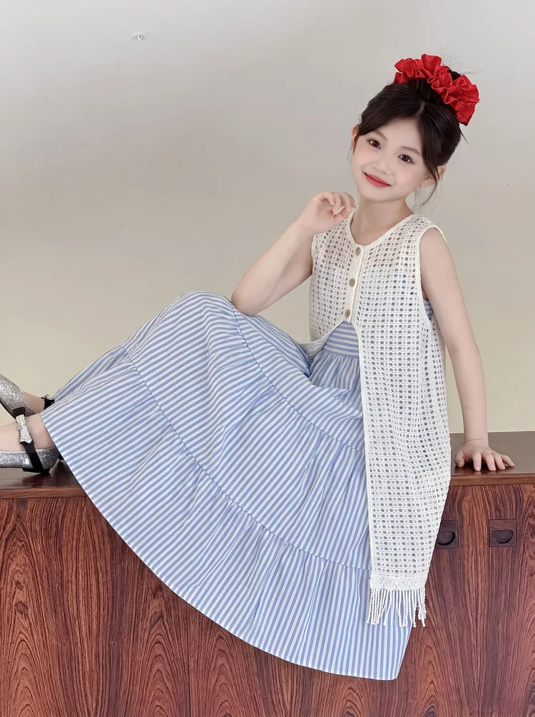 Girls Striped Dress Summer New Big Kids Hollow Cover Up Girl Summer Vacation Strapless Dress Two Piece Set