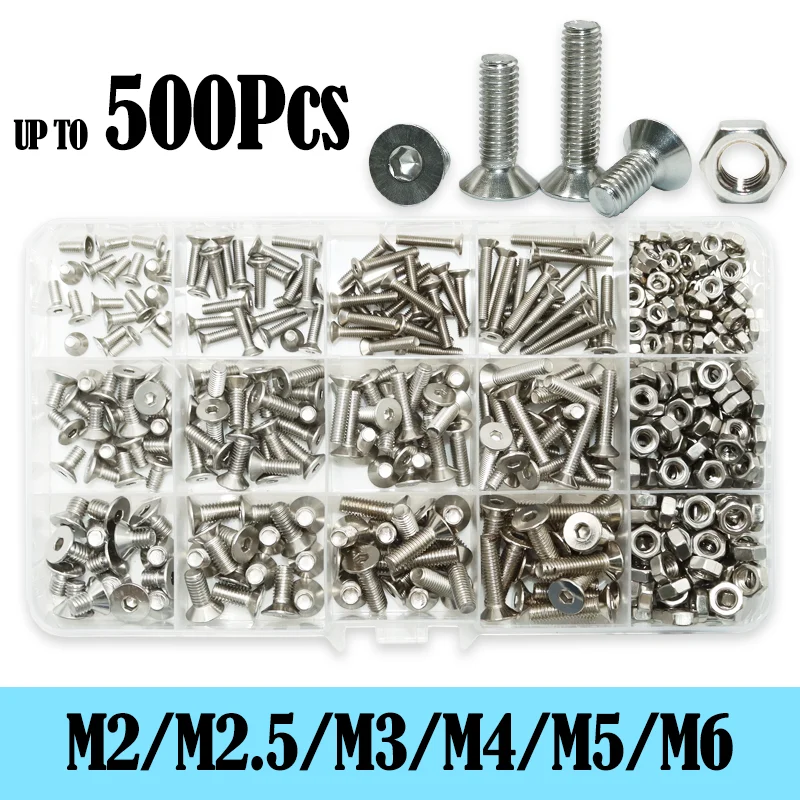 

304 Stainless Steel Flat Hex Screw and Nut Set Hexagonal Allen Bolt M2 M2.5 M3 M4 M5 M6 Countersunk Motor Faring Bolt Screws Nut