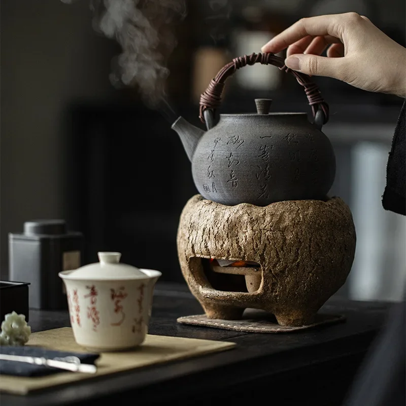 Chinese retro handmade wood fired teapot with lifting beam, tea maker, charcoal stove, boiling water kettle