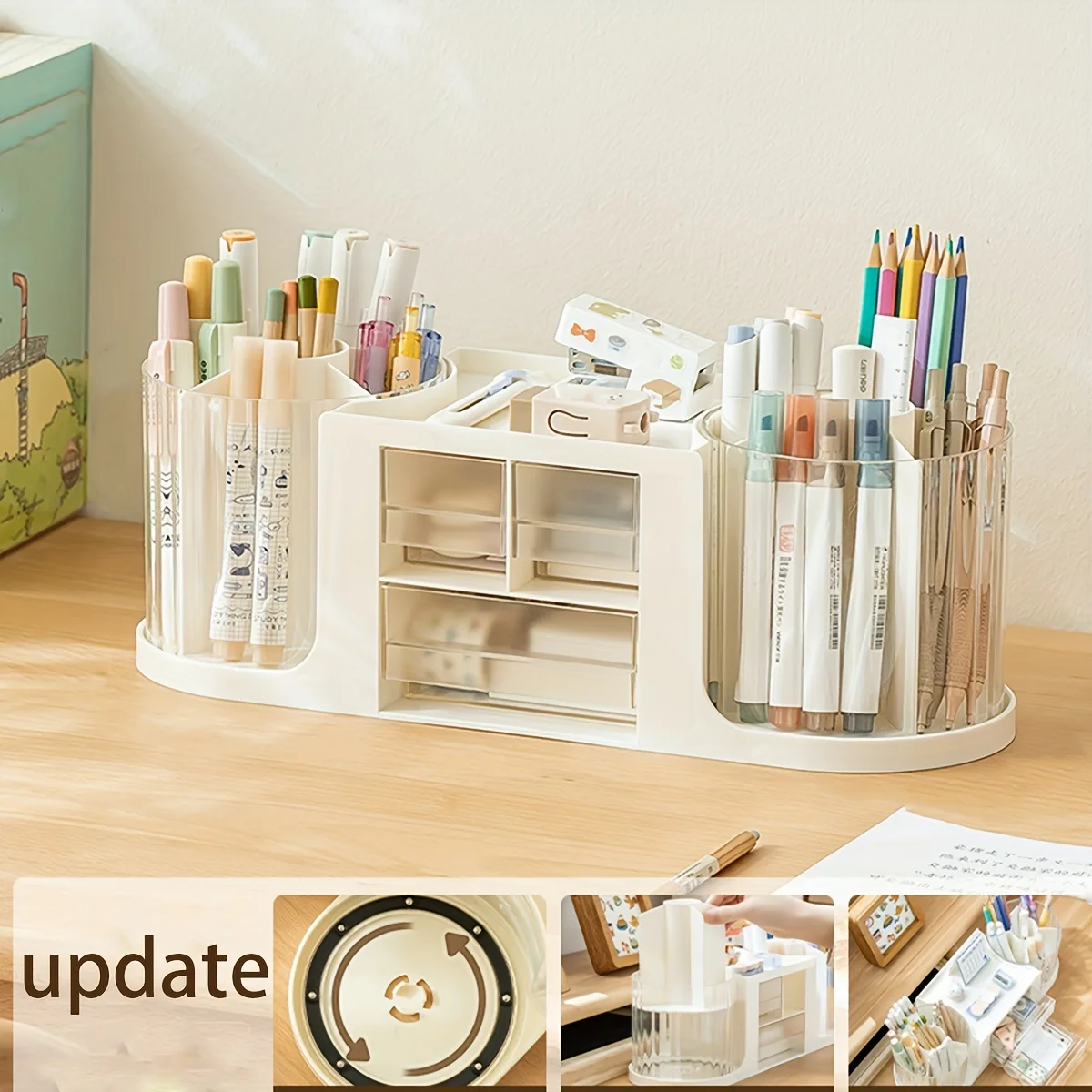 1pc Bilateral Rotating Pen Holder  Box, Marker Pen Stationery , Office Student Desktop Pen Container