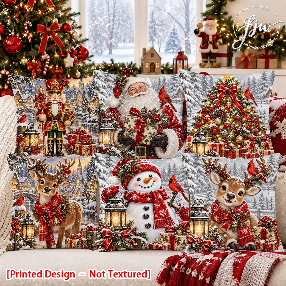 6pcs Vintage Christmas Throw Pillow Covers Santa Snowman Reindeer Nutcracker Winter Holiday Decor