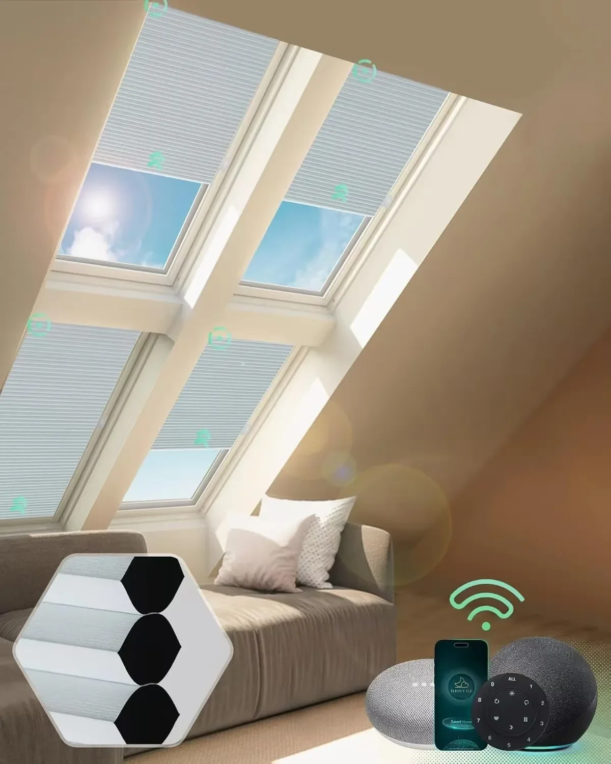 Modern High Quality Light Control Alexa WIFI Google Direct Connect  Motorized Skylight Honeycomb Blinds for Window