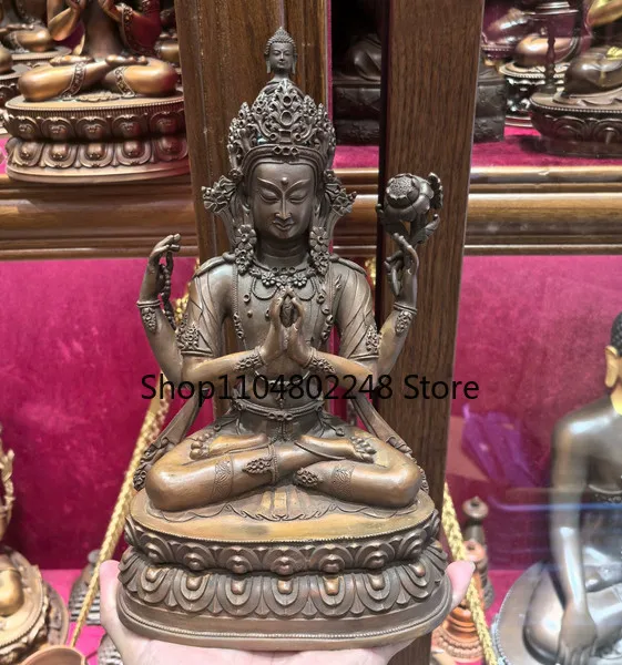27CM Tibet Four Arms Chenrizig Kwanyin Buddha Copper Statue