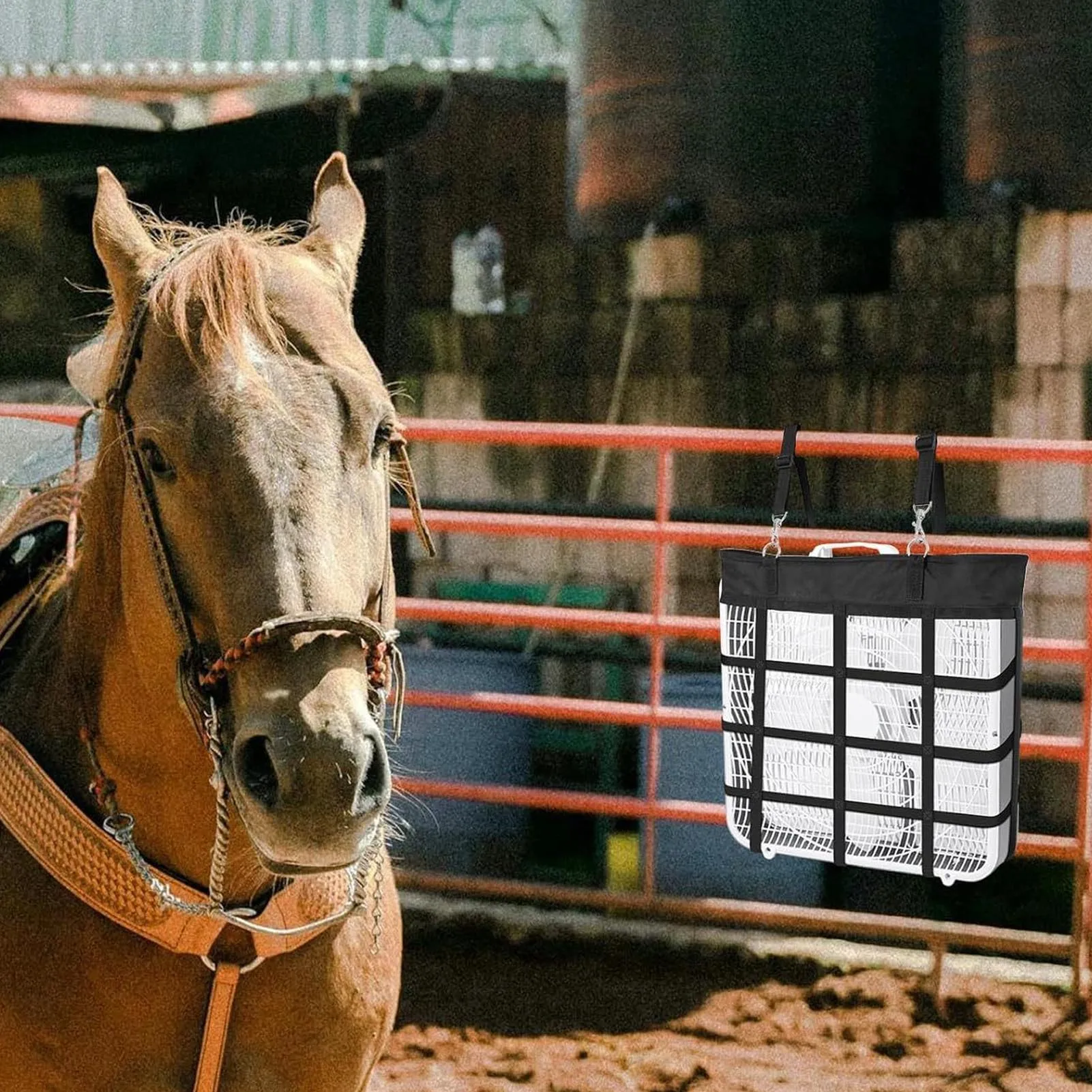 حامل مروحة صندوق معلق على شكل حصان كشك مروحة حقيبة مستلزمات مستقرة جلب الراحة النايلون متعددة الأغراض حامل مروحة الويب المعلق على شكل حصان #3