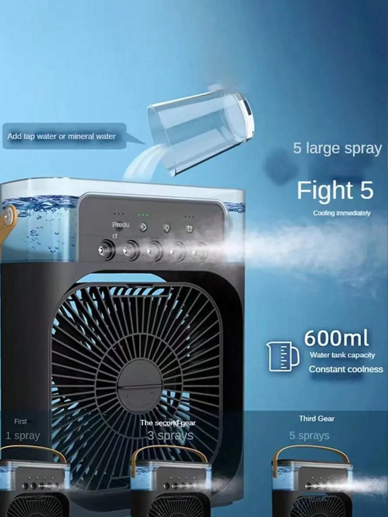 Ventilador de refrigeración de aire acondicionado de 6 pulgadas con 5 ventiladores portátiles de luz de 7 colores en aerosol enfriador de aire kipas mini ventilador Humidificador de aire