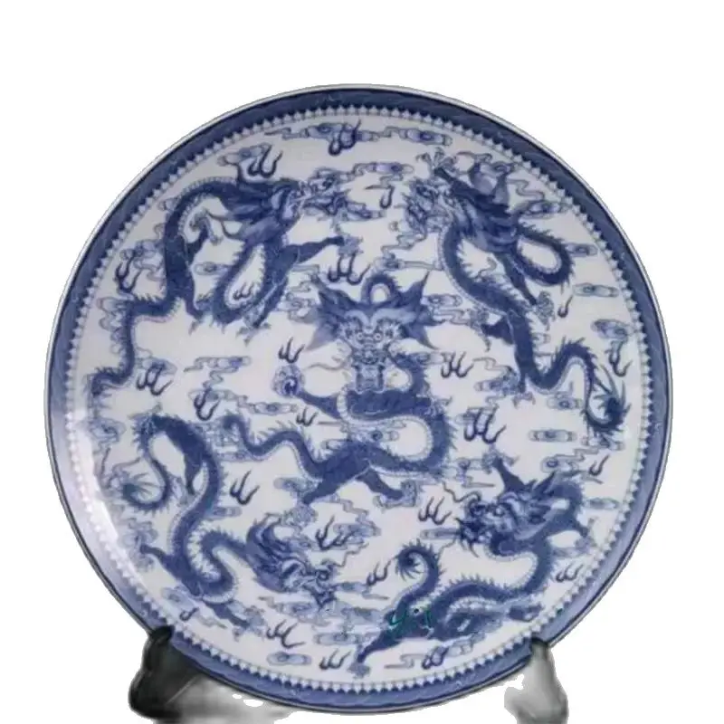 

Old Antique Chinese Blue and White Porcelain Hand Painted Dragon Plate Qing Dyna