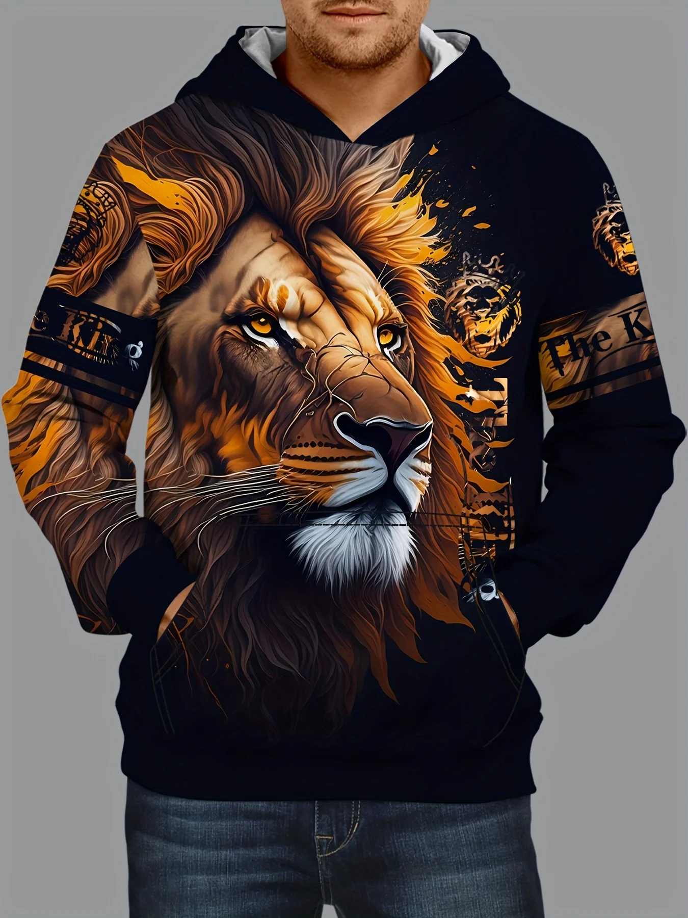 Lion 3d Print Hoodies For Men, Graphic Hoodie With Kangaroo Pocket, Comfy Loose Trendy Hooded Pullover, Mens Clothing for winter