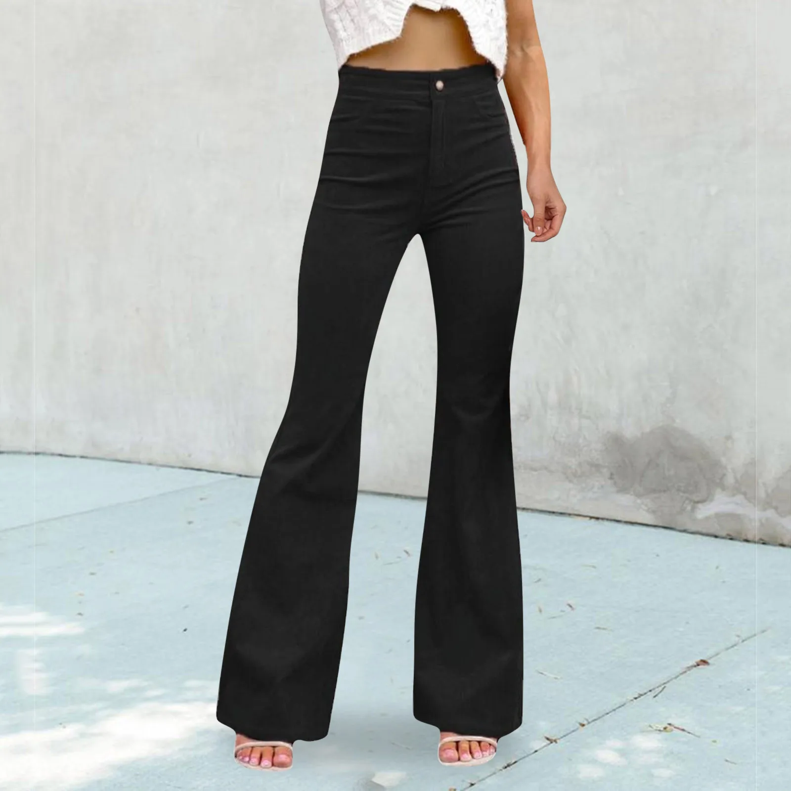 

Women Corduroy Flare Pants Elastic Waist Bell Bottom Trousers Elegant Solid Color High-Waisted Casual Pants Micro-Cropped Jeans