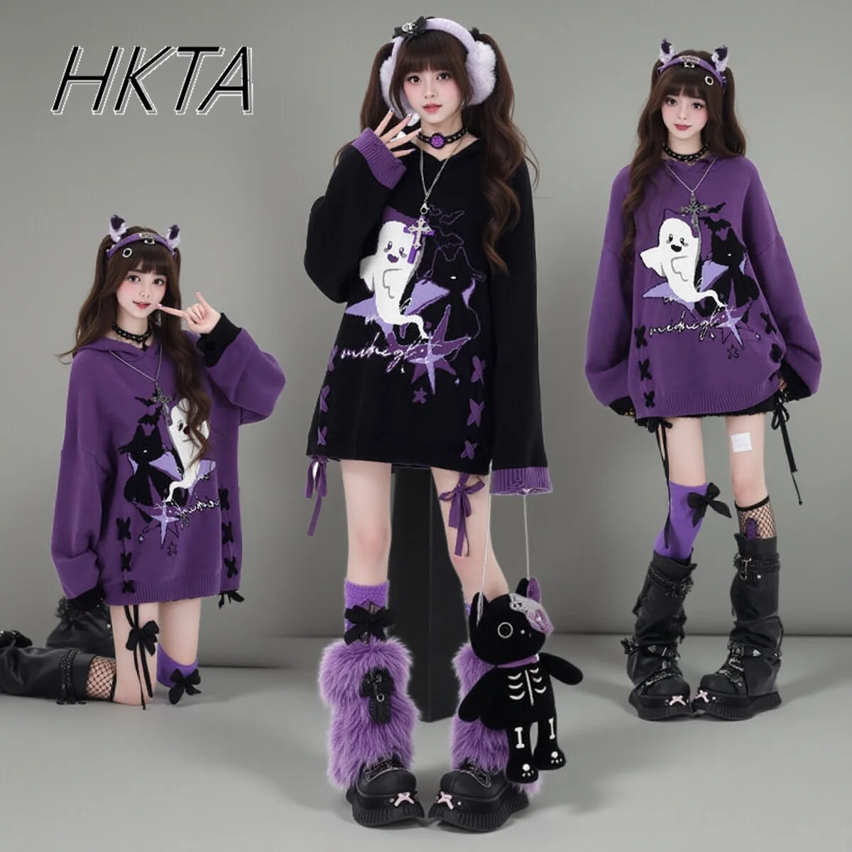 Y2k Halloween Little Ghost Abby Culture Original Knitted Sweater Contrasting Color Strap Oversized Sweater Top Winter Sweaters