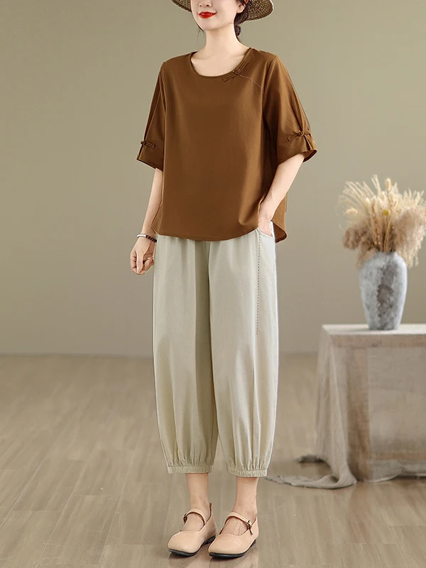 Baumwolle Leinen Set Frauen Sommer Ethnische Sle Lose Top Leinen Mama Outfit Zwei Stücke Set Faionable Casual runde Ne Top