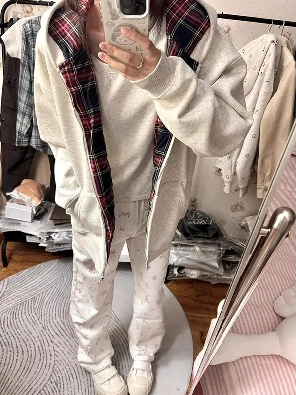 

Мужская толстовка-худи на молнии в американском ретро-стиле с клетчатыми вставками, большие размеры, весна-осень, модная, Cleanfit, с длинными рукавами