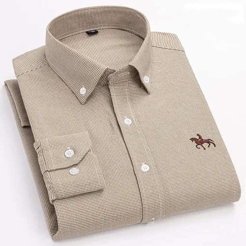 Camisa de vestir de manga larga 100% de algodón puro para hombre, camisa Oxford para hombre, camisas sociales informales de trabajo a rayas a cuadros, S-6XL de ajuste Regular para hombre