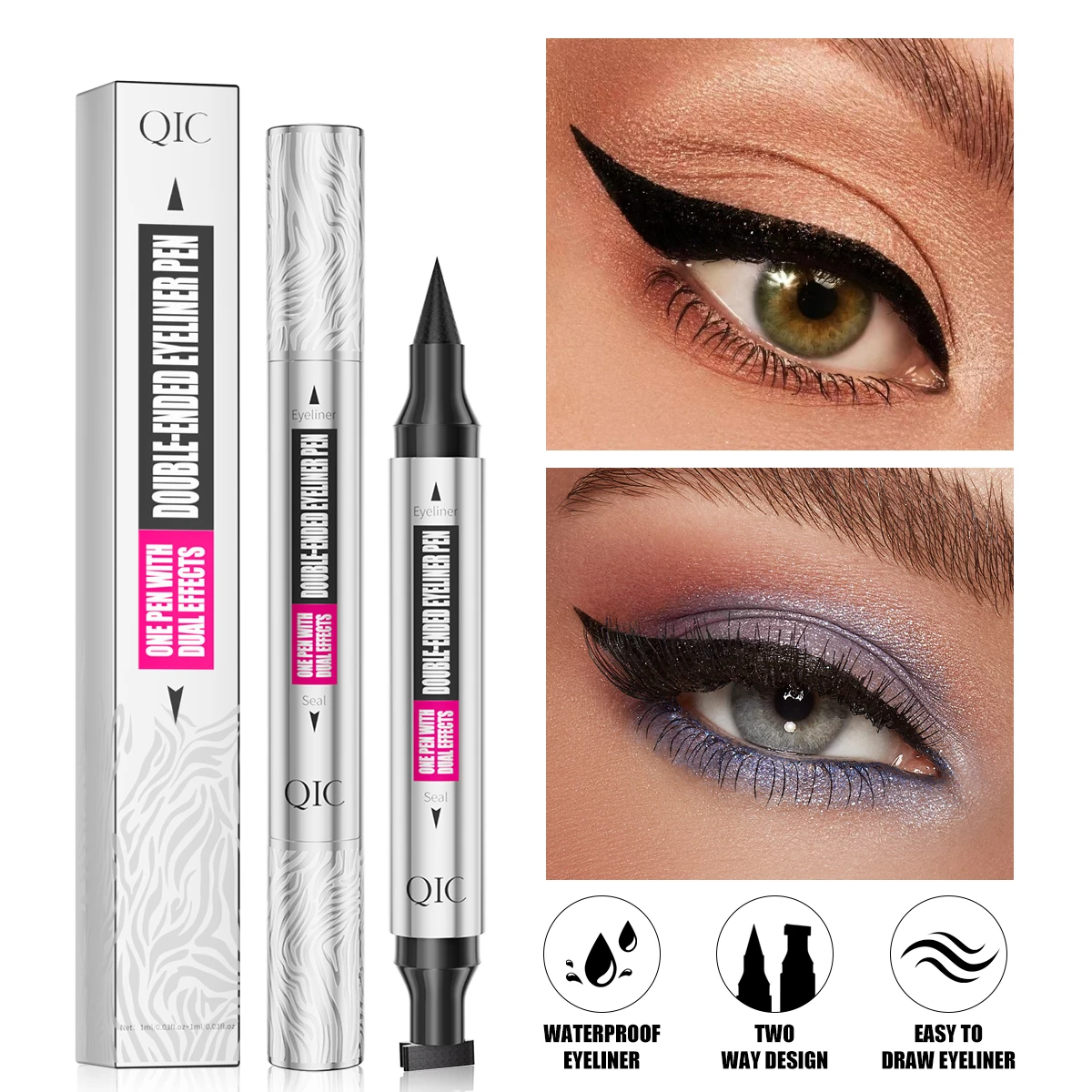 QIC ブラックスタンプアイライナーペンシル両端防水速乾性長期持続リキッドアイライナーメイクアップアイ化粧品