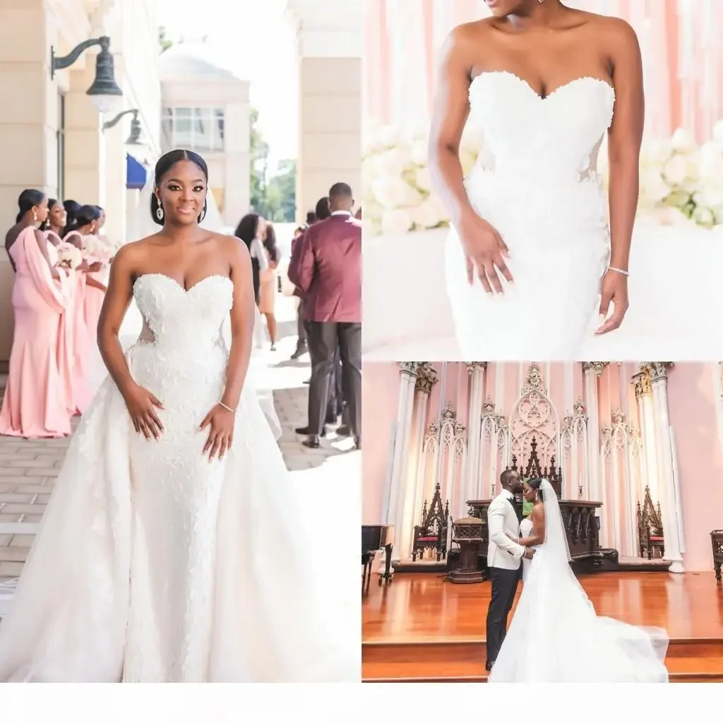 Vestidos de novia de encaje con cuentas personalizados, tren desmontable, apliques de corazón dulce, vestidos de novia de sirena africana de talla grande marfil