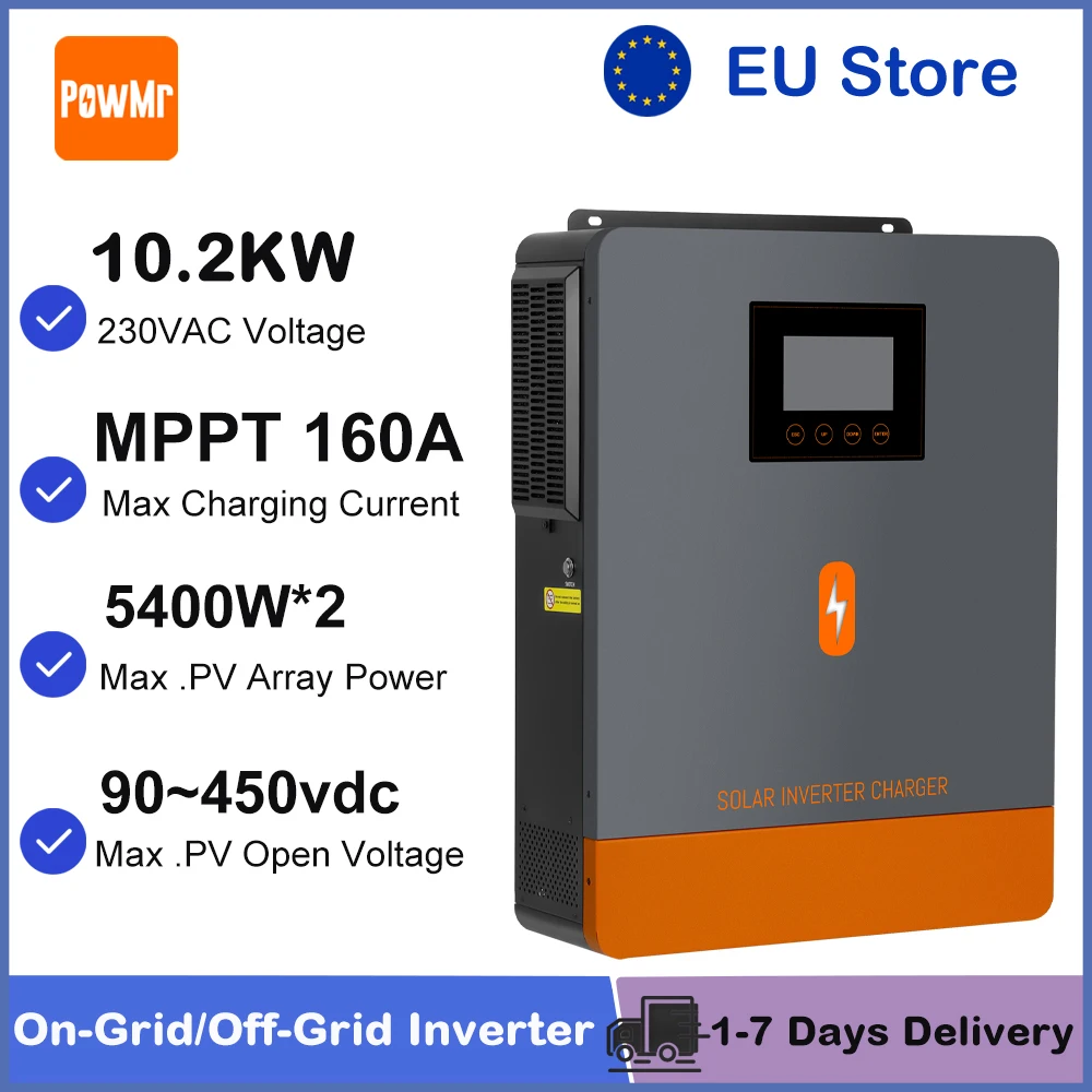 PowMr 10.2KW 48V Onduleur Solaire Hybride 230V 160A Charge Solaire Double MPPT On-Grid/Off-Grid Compatible Batterie LifePO4 Usage Domestique