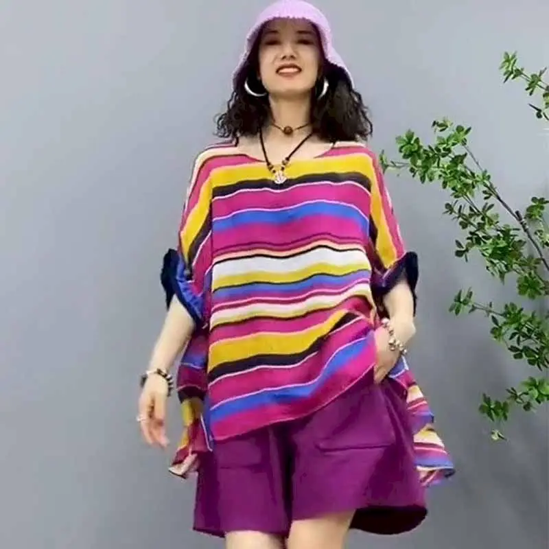 Popular T Shirts Sets Women Summer Trend Set Rainbow Stripe Print Short Sleeve T-shirt Casual Loose Wide Leg Shorts 2 Piece Suit