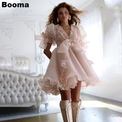 Booma A-Line Selkie Short Prom Dresses V Neck Ruffles Ruched Graduation Party Dress with Bow Organza Evening Gowns for Girls