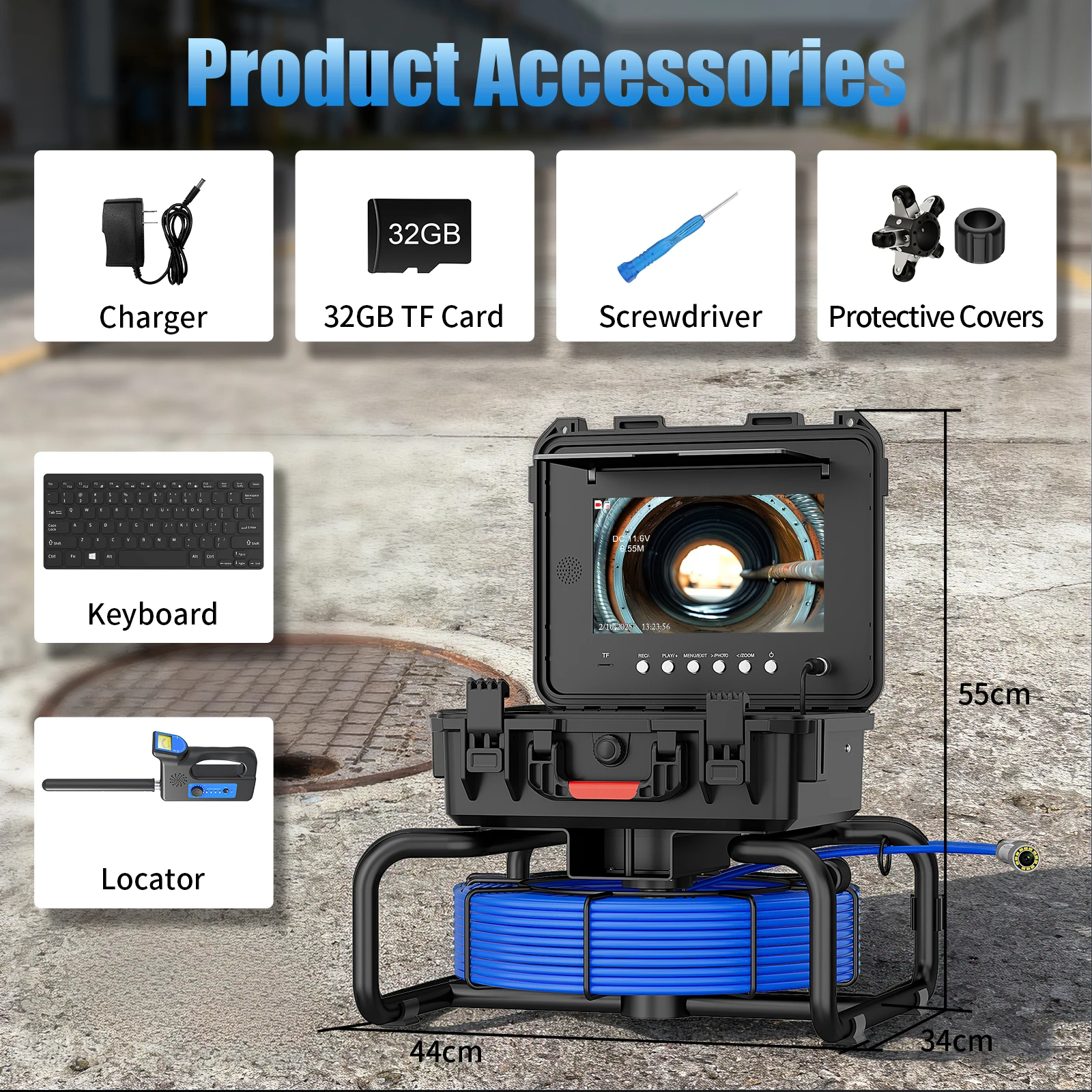 كاميرا الصرف الصحي Borescope مع محدد موقع 512 هرتز، كاميرا IPS 1080P مقاس 10 بوصة مع كابل 7 مم 30-60 متر، التسوية الذاتية التلقائية، بطارية 4500 مللي أمبير في الساعة