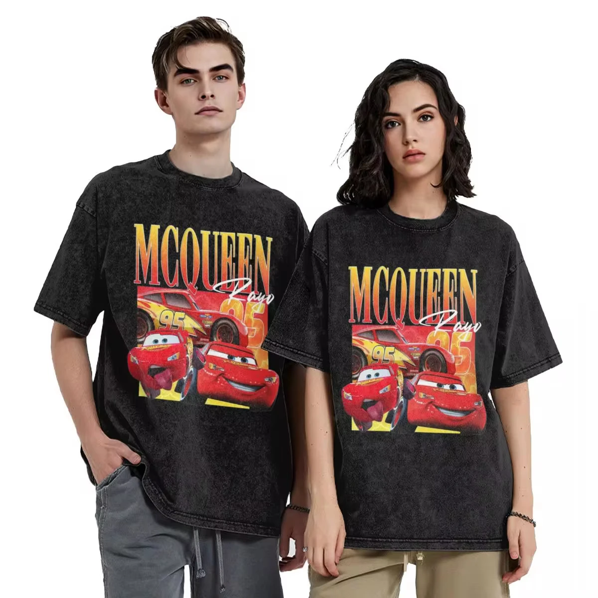 Lightning McQueen Cars Movie T Shirt Hip Hop Washed Cotton Street T-Shirt Vintage per uomo donna top Streetwear Summer Tees