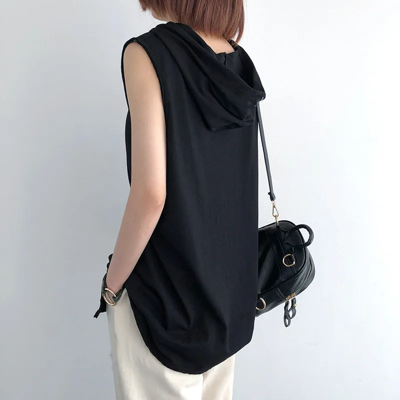 

top, hooded, solid color, round, sleeveless, stylish t-shirt, oversized top