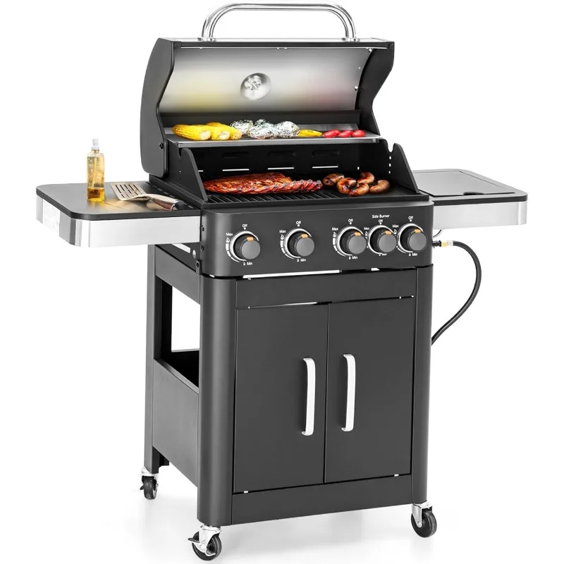 4-Burner Gas BBQ Grill with Side Burner & Porcelain-Enameled Cast Iron Grates, Outdoor Cooking Propane