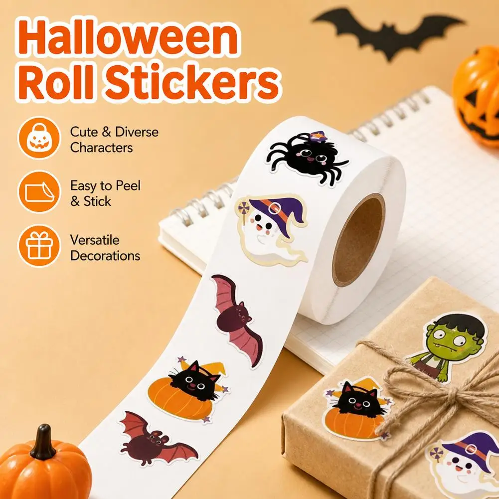500Pcs/Roll Halloween Sticker Pumpkin Ghost Spider Bat Thank You Seal Sticker For Candy Bag Scrapbooking Gift Box Label Decor