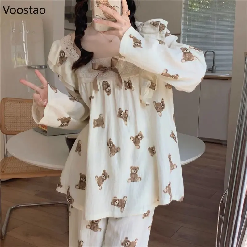 Bonito pijama feminino japonês doce quarto usar rendas babados kawaii urso impressão 2 peça conjunto primavera outono casual pijamas