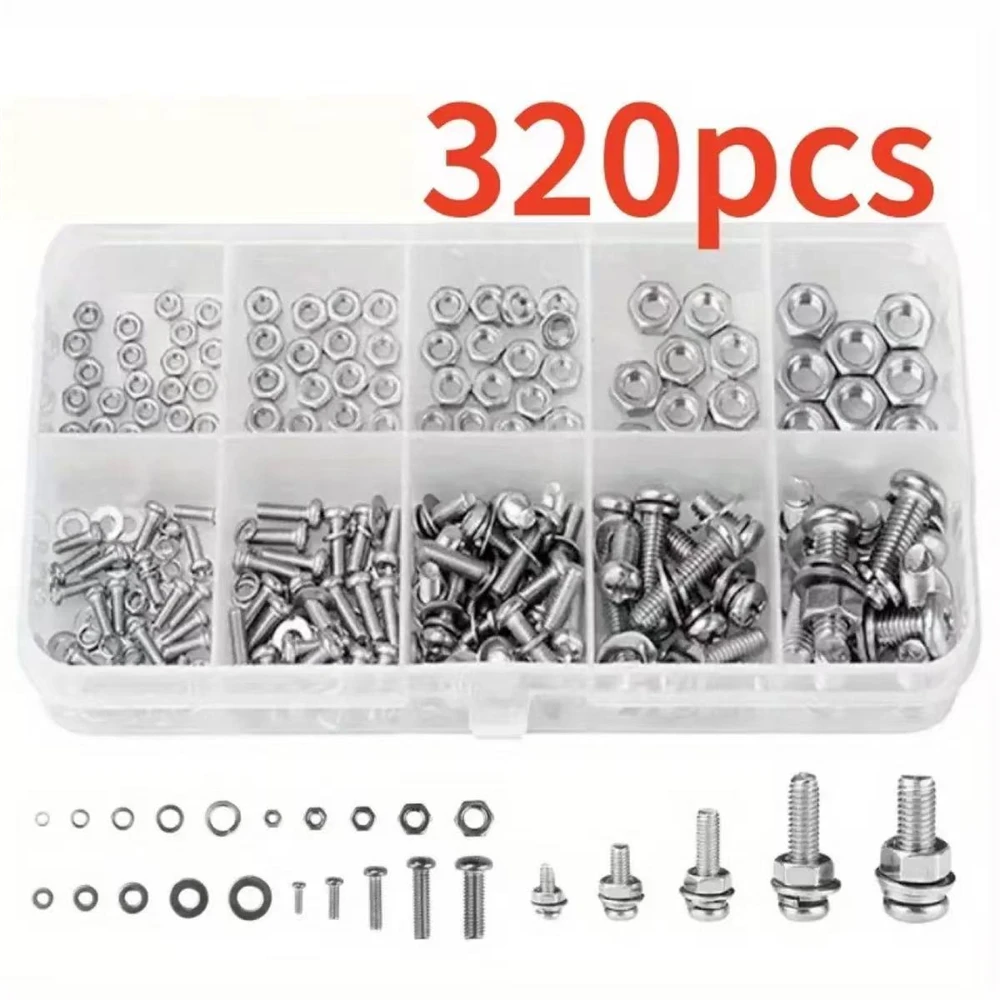 320 Piece Stainless Steel Screws and Nuts Set, Snap-in Nuts, M2 to M5 - Ideal for DIY, Repair, and Industrial Applications