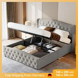 Szare lniane łóżko pojedyncze i podwójne, łóżko tapicerowane, łóżka do przechowywania z ramą z listew, rama łóżka z hydraulicznym oparciem dla dorosłych