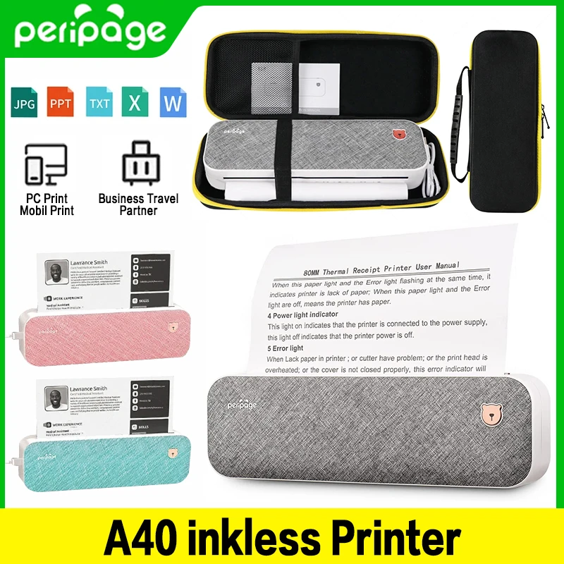 PeriPage A40 Mini Portable Thermal USB Mobile Machine PDF World 203DPI Wireless Bluetooth Ink-less Photo Thermal Printer Office