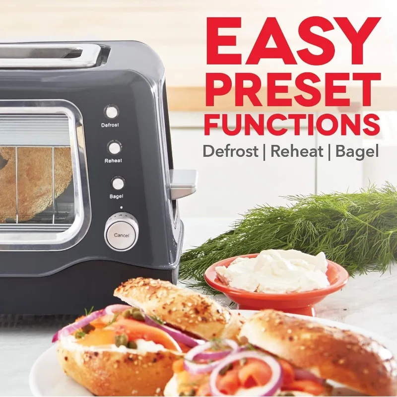 Toaster: Extra Wide Slot Toaster with See Through Window - Defrost, Reheat + Auto Shut Off Feature- Grey