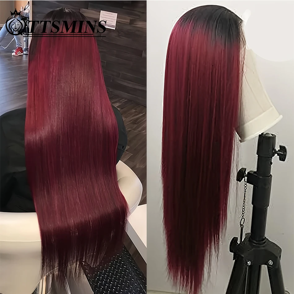 Perruque Lace Front Wig sans colle naturelle, cheveux soyeux lisses, 1B/99J, 13x4, ombré vin rouge, pre-plucked, densité 180%, pour femmes