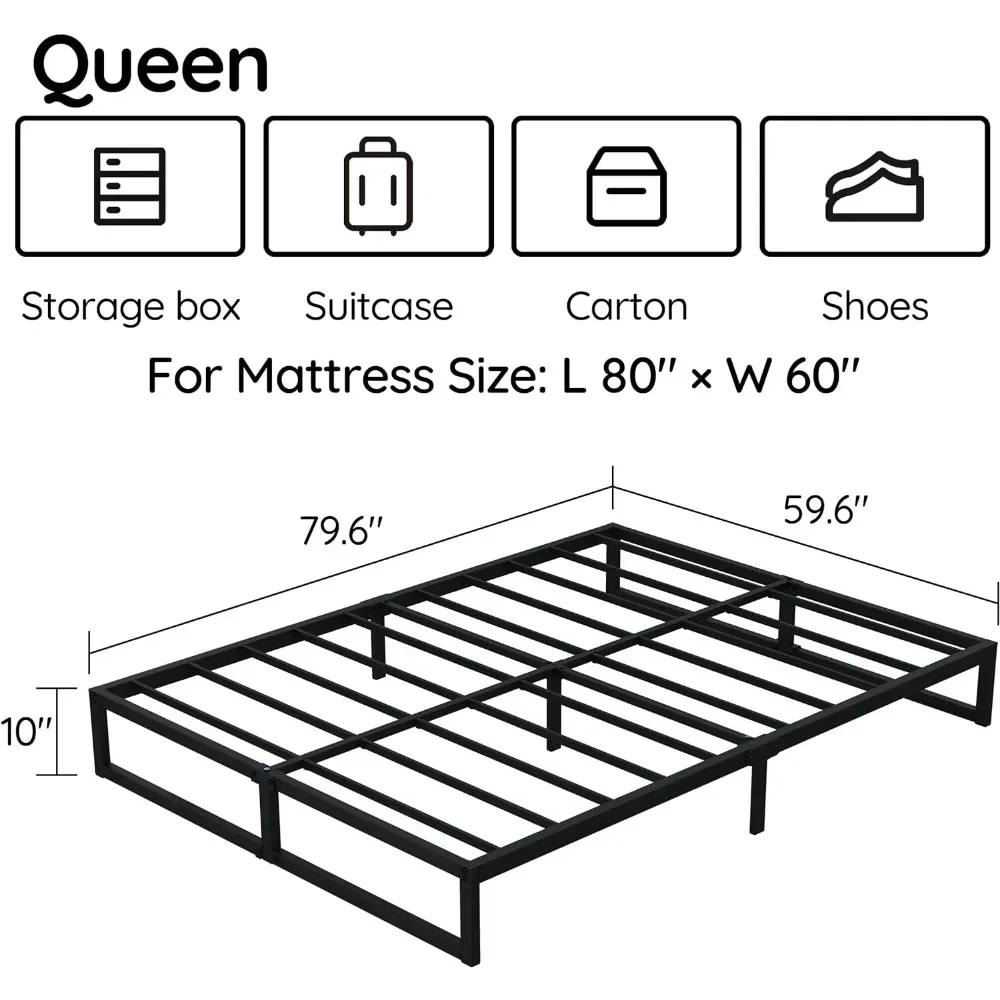 10 Inch Queen Bed Frame Metal Platform Mattress Foundation with Steel Slat Support, No Box Spring Needed, Easy Assembly, Black