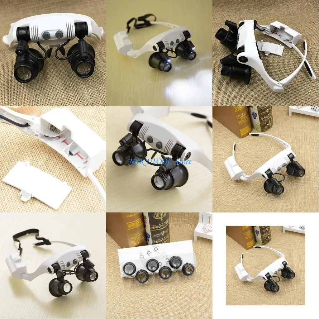 

L8RC Headband LED Lights Magnifier Eye Glasses Watch Repair Loupe Jeweler Glass 10X 15X 20X 25X for Household