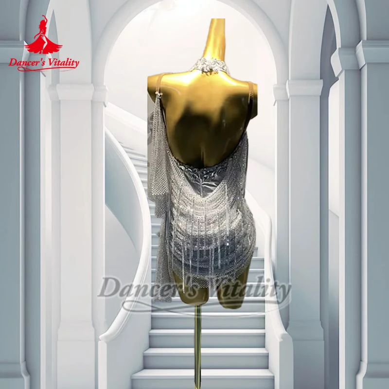 ชุดเดรสตาข่ายประดับพู่ห้อยสไตล์ลาตินเซ็กซี่ พร้อมสร้อยคอ สำหรับนักเต้น ชุดแสดงเต้นชาช่า แซมบ้า ซัลซ่า สำหรับผู้ใหญ่ แบบสลิง รับสั่งตัด