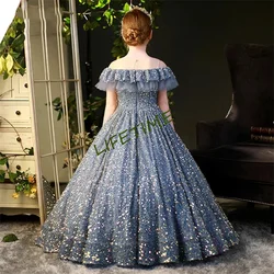 Glitter Sequins Silver Flower Girl Dress Tulle For Wedding Dress Kids Birthday Ball Gown Elegant Princess