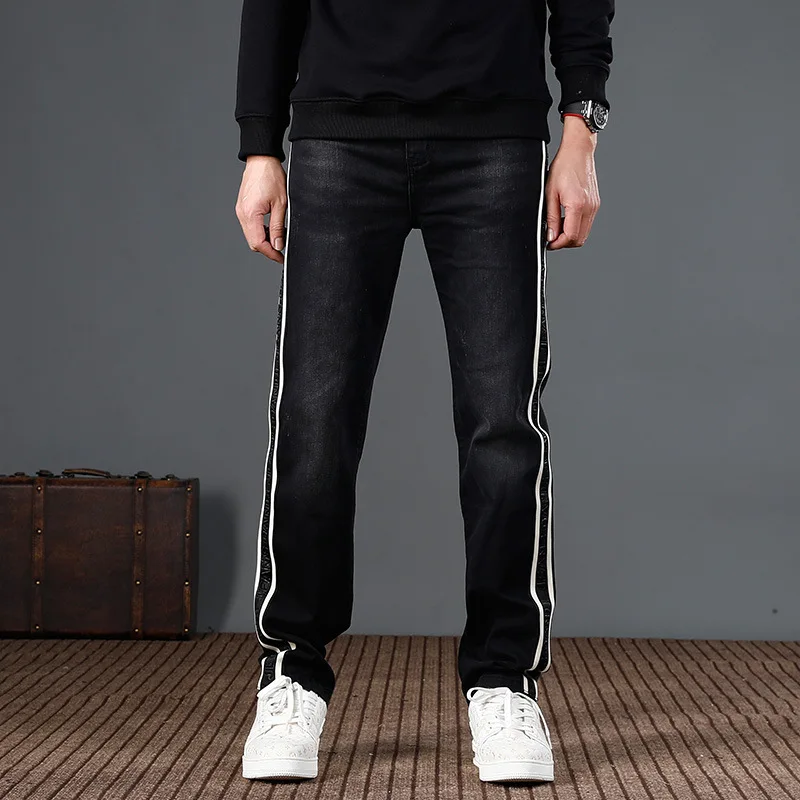 2024 New Fashion Stripe Black Jeans Men's Loose Straight Street Trend American Sports Style Denim Pants