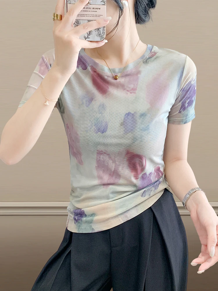 Chic f Sve T-irt Women's Summer Faion Design Sense Dyed Me Top round Ne Print ort Sve Commute Sle Korean...