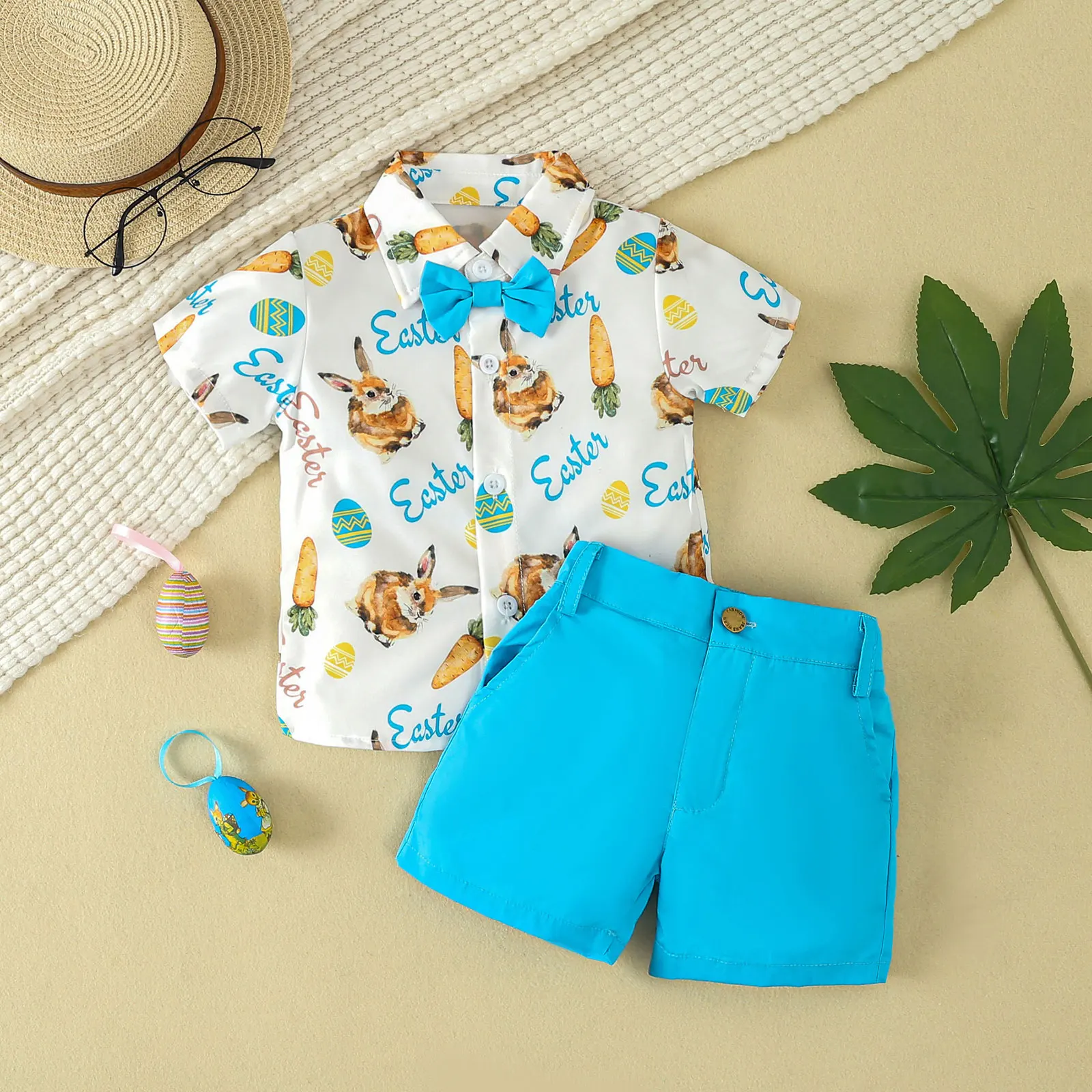 Toddler Baby Boys Summer Outfits Short Sleeve Rabbit Print Bowtie Shirt Top with Shorts Wedding Birthday Party Gentleman Suit