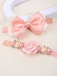 2 Pc Baby Girl Simulated Flower Head Band Set Cute Lace Bow Headbands for Party Photography Props Ideal for Kids Gift Headband