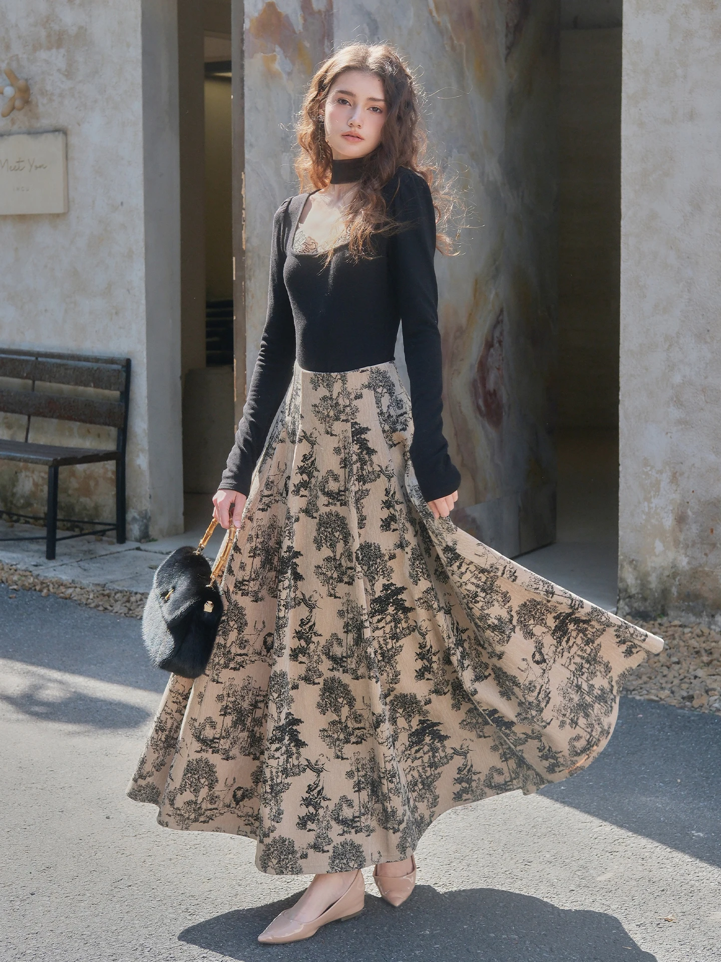 

Комплект из двух предметов: юбка с эффектом утягивания талии и верх с длинными рукавами, дизайн «Зоопарк/Лес», модный зимний женский костюм с высокой талией