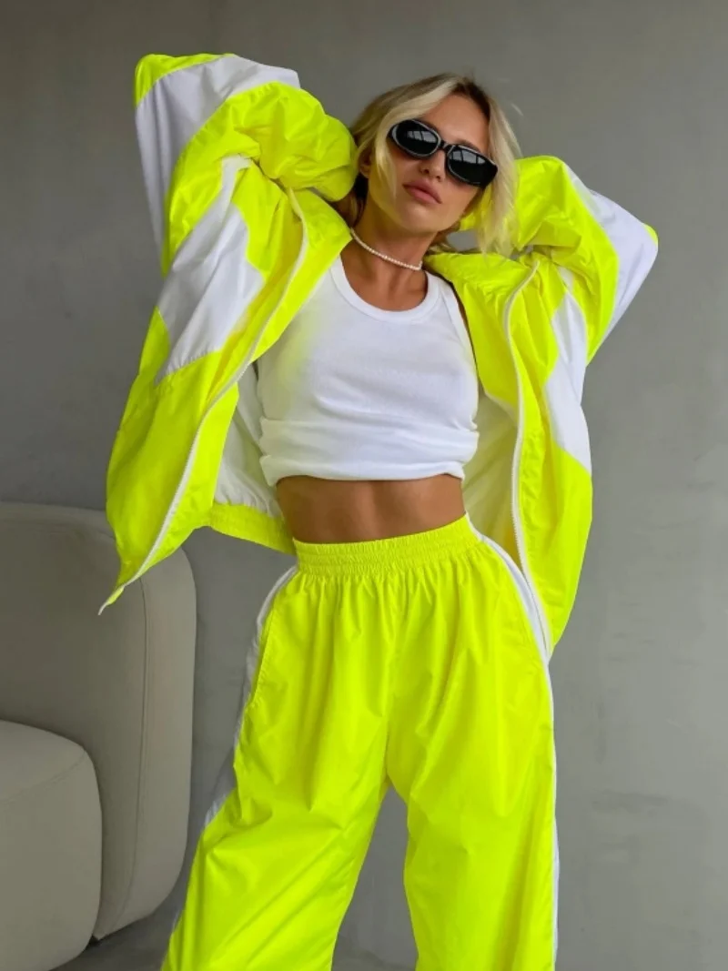 

Уличная одежда с цветными блоками, комплекты из 2 предметов, женская одежда, весенняя одежда, женский свитшот с длинными рукавами, комплекты из топа и брюк, повседневные спортивные костюмы