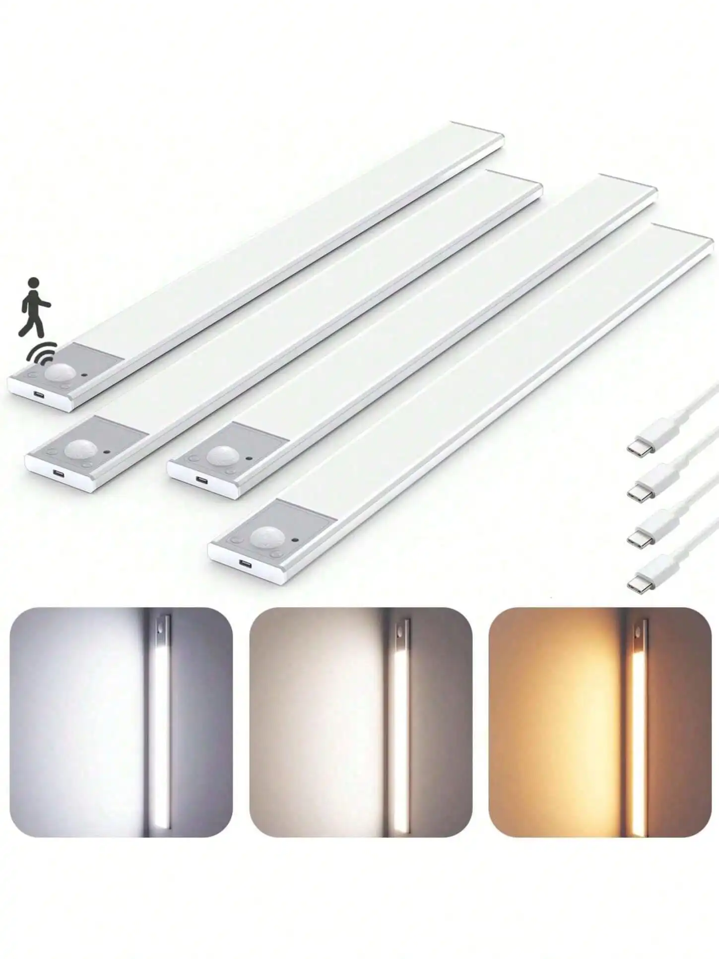 2pcs/4pcs 40cm Wall-Mounted LED Rechargeable Sensor Lights With 3 Color Temperatures, USB Powered, Magnetic Installation, Suitable For Kitchen Cabinets, Hallways, Stairs, Bedside Cabinets Night Light, Featuring Lighting Function