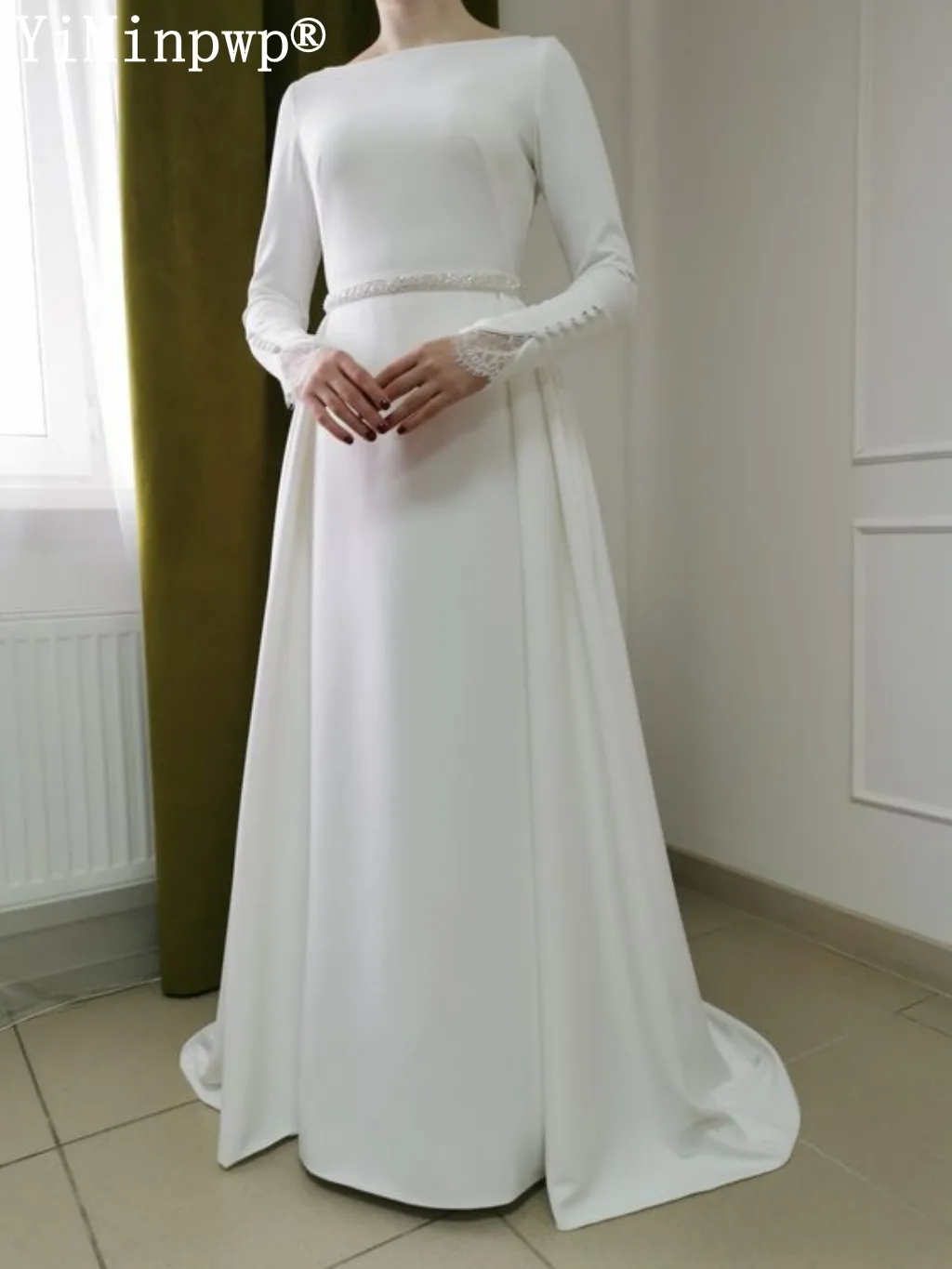 Robes de mariée gracieuses pour la mariée, manches longues, train de balayage, satin doux, ceinture de perles, patients musulmans, quelles que soient les robes de mariée