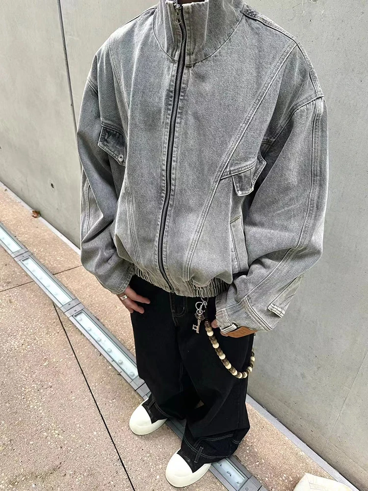 REDDACHIC Upside Down Men Cargo Denim Jacket Patchwork Multi-pocket Wash Do Old Stand Collar Zip-up Coat Moto Vintage Outerwear