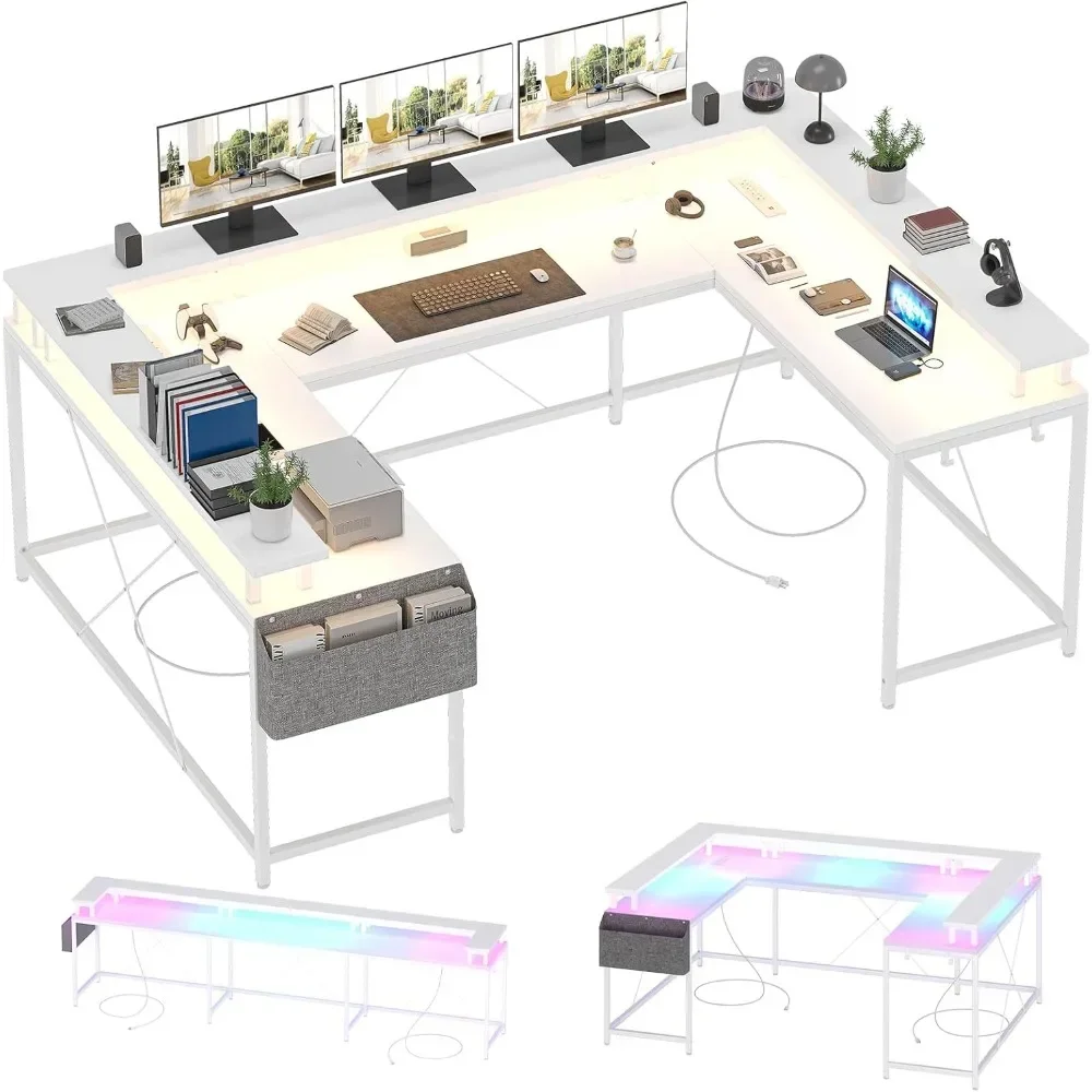 

U Shaped Computer Gaming Desk, Reversible L Shaped Desk with Power Outlets, LED Strip & Monitor Stand, Large Corner Desk