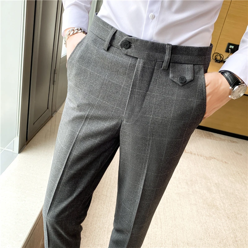 2022 Men Formal Office Social Suit Pants British Casual Slim Fit Trousers Men Clothing Autumn Winter Plaid Business Dress Pants