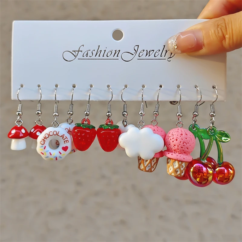 

Fashion Cartoon Heart Ice Cream Milk Tea Earrings Set for Women Sweet Fruit Strawberry Cherry Drop Earring Party Jewelry Gift
