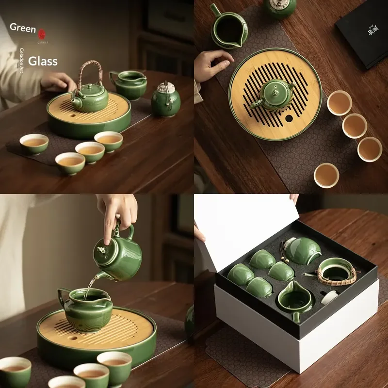 

【CHIMU HOME】 Japanese Style Green Ceramic Set for Use Simple Teapot Teacup Tray Kung Fu Set Dry Soaking