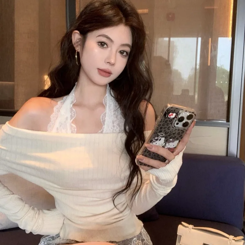 レトロなレーススプライシングニットフェイクツーピースTシャツ女性の秋冬インナーウェア多用途な着用方法ベースシャツ